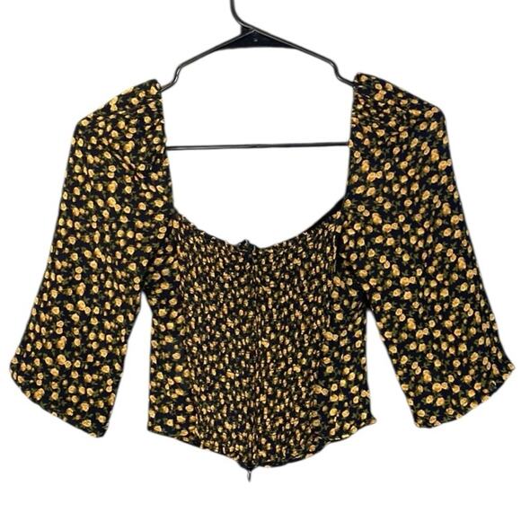 Reformation Black Floral 3/4 Sleeve Crop Top Women's 2 - Picture 3 of 7